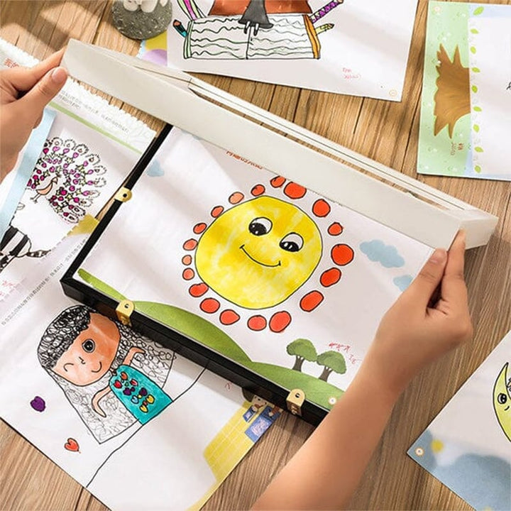 Kids Art Frame with Hinged Opening for A4 Drawings, Holds Up to 150 Pieces, MDF and Tempered Glass 12