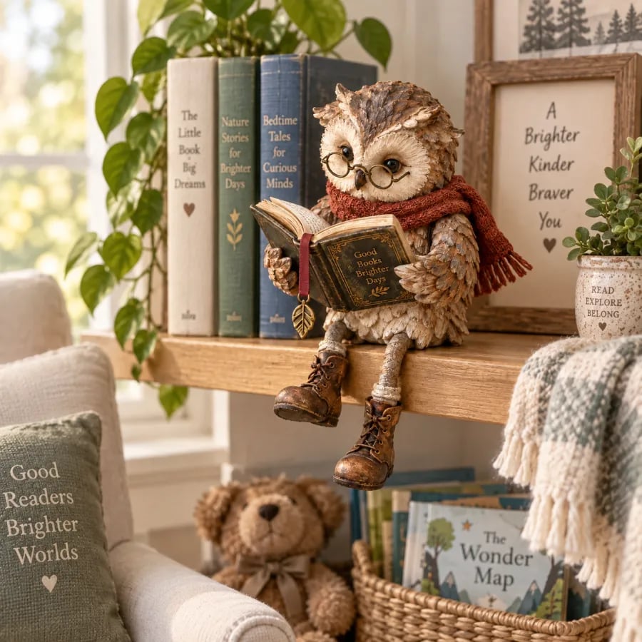 Reading Owl Decorative Figurine with Glasses, Book and Scarf - Cozy Gift for Book Lovers 9