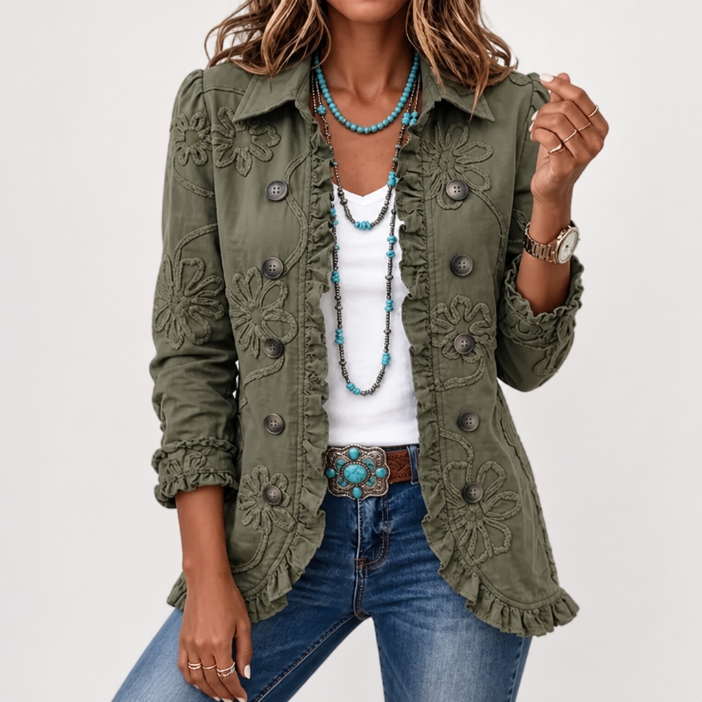 Floral Embroidered Utility Jacket - Vintage Boho Style with Ruffle Trim 4