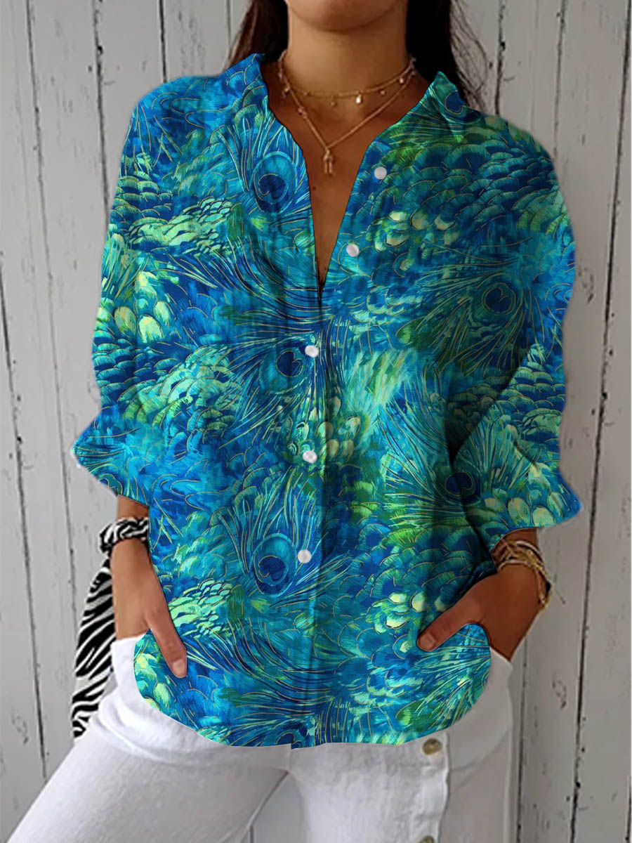 Peacock Grace Blouse - Colorful Peacock Feather Print Top 1