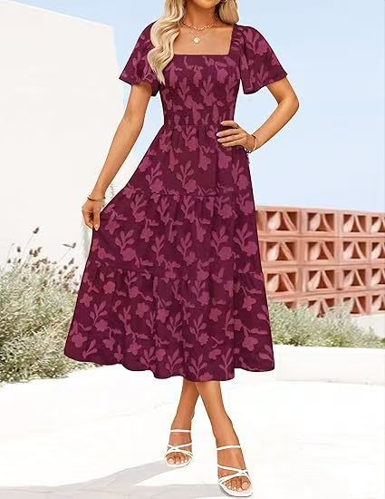 Short Sleeve Textured Floral Midi Dress with Tiered Skirt 4