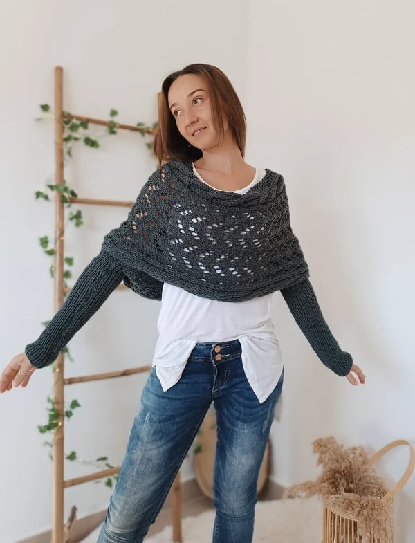Double Sleeve Wrap Scarf - Cozy Knit Shawl with Built-In Sleeves 5
