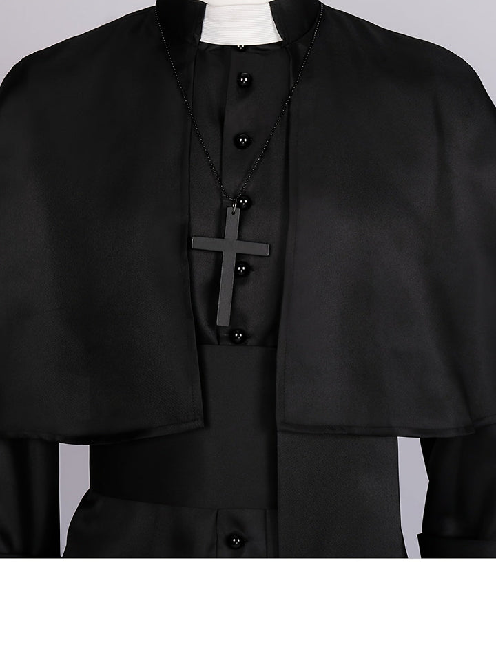 Men's Halloween Priest Costume with Long Robe, Cape and Cross 7