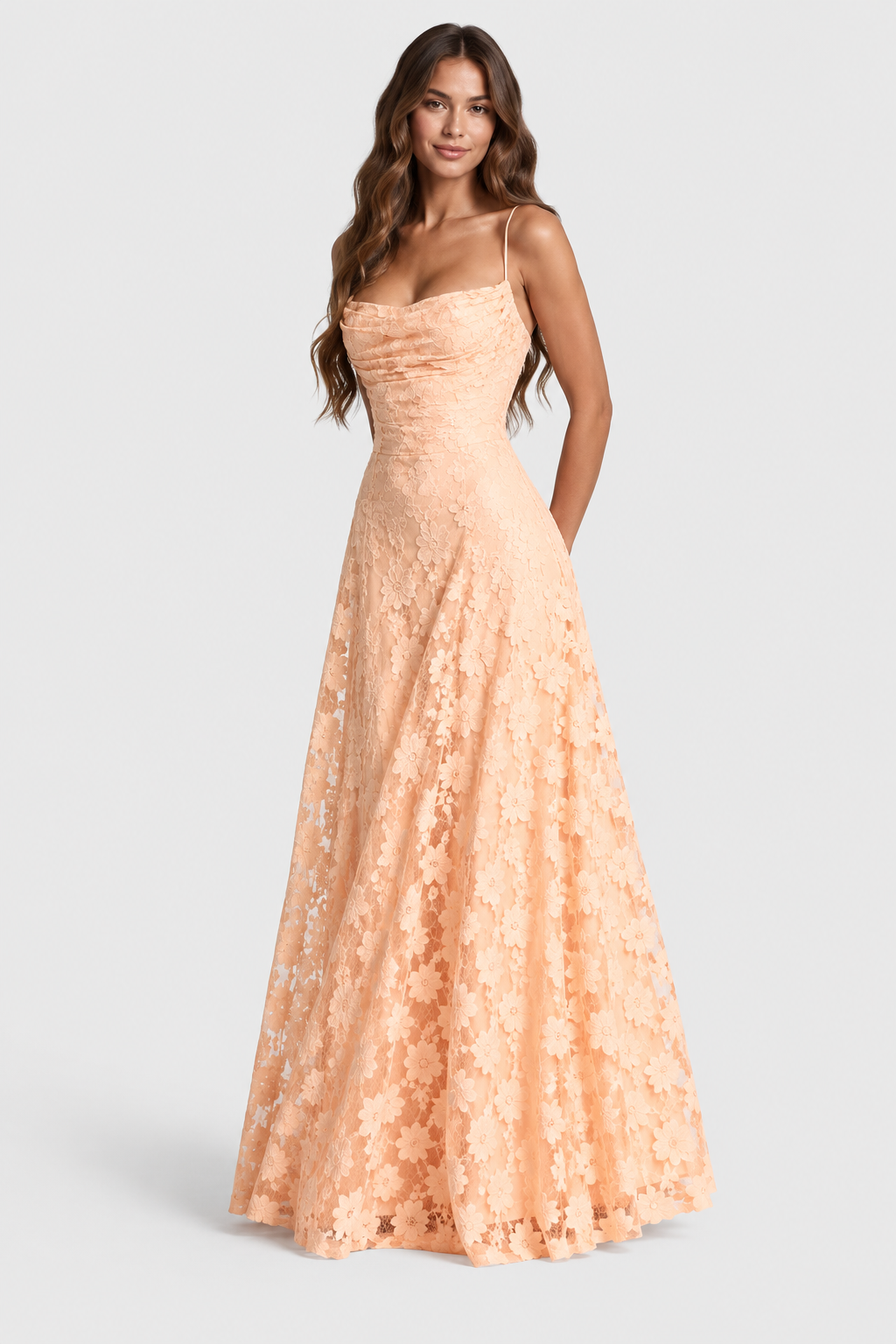 Raised 3D Floral Lace A-Line Midi-Maxi Dress with Draped Neckline 16