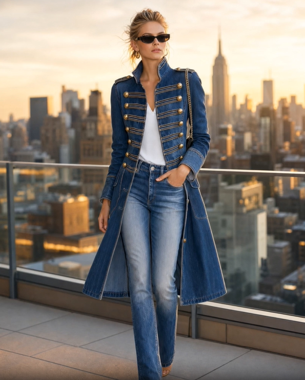 Women's Long Military Style Double-Breasted Coat with Officer Collar 3