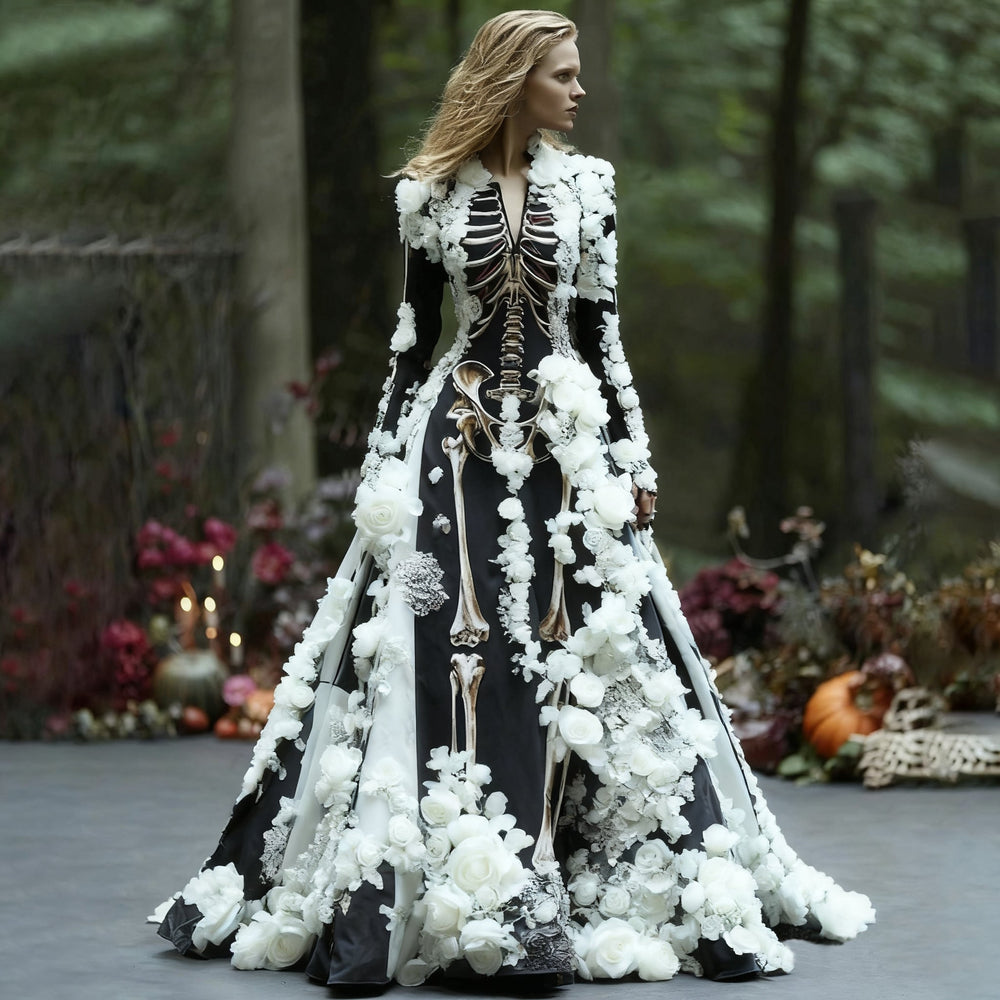 Women's Halloween Skeleton Floral Long Sleeve Maxi Dress for Parties 2