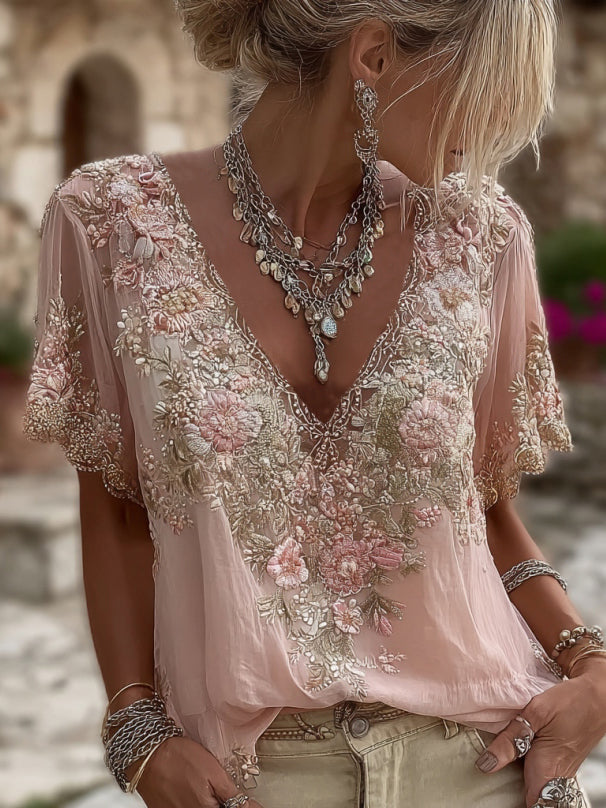 Women's Floral Embroidered V-Neck Blouse with Short Sleeves, Boho Chic 1