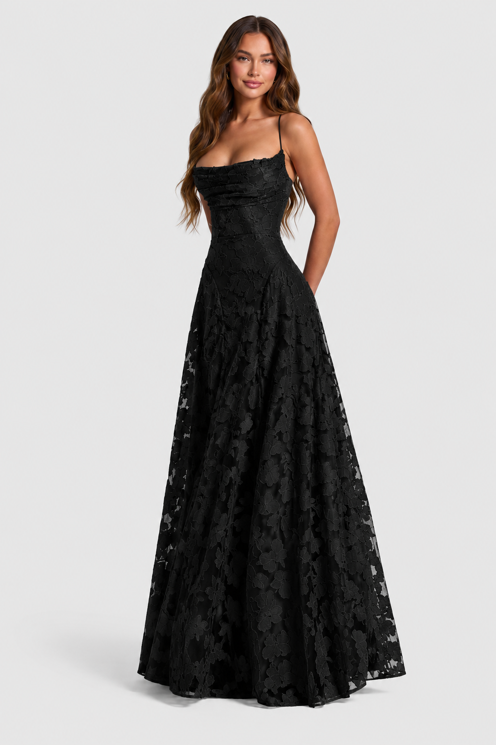 Raised 3D Floral Lace A-Line Midi-Maxi Dress with Draped Neckline 10