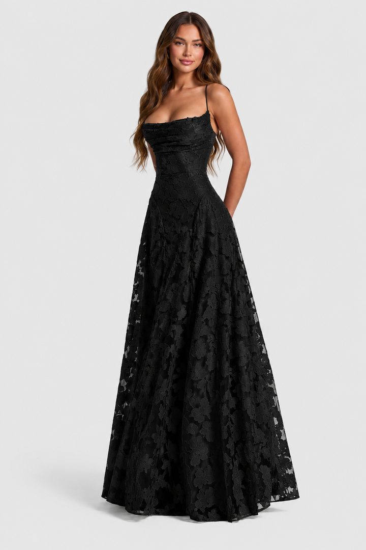 Raised 3D Floral Lace A-Line Midi-Maxi Dress with Draped Neckline 10