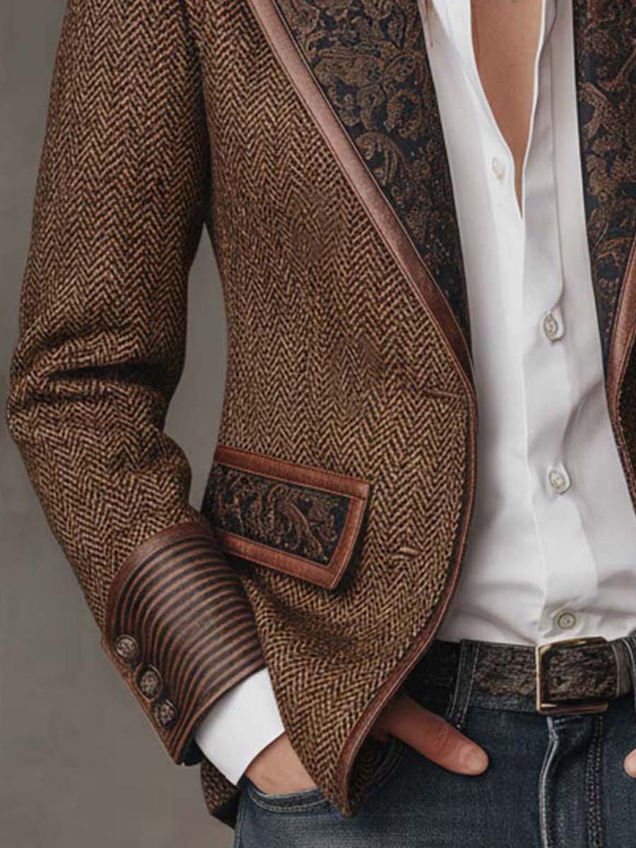 Herringbone Blazer with Patterned Collar and Contrast Lining 6