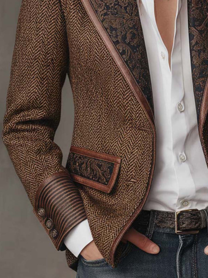 Herringbone Blazer with Patterned Collar and Contrast Lining 6