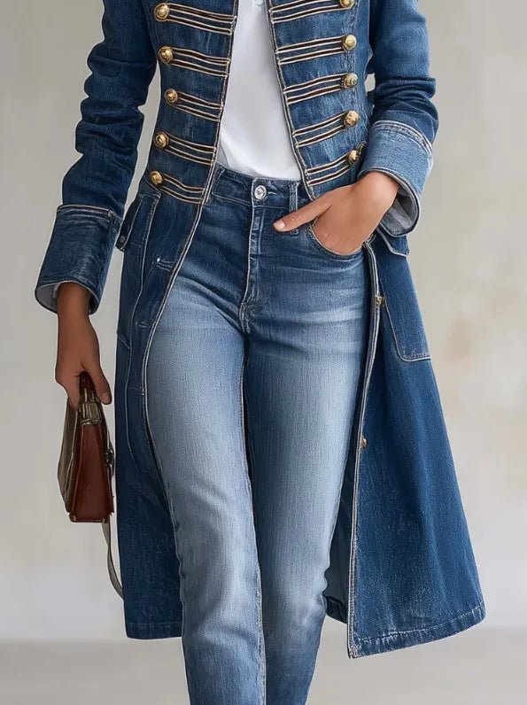 Women's Long Military Style Double-Breasted Coat with Officer Collar 6