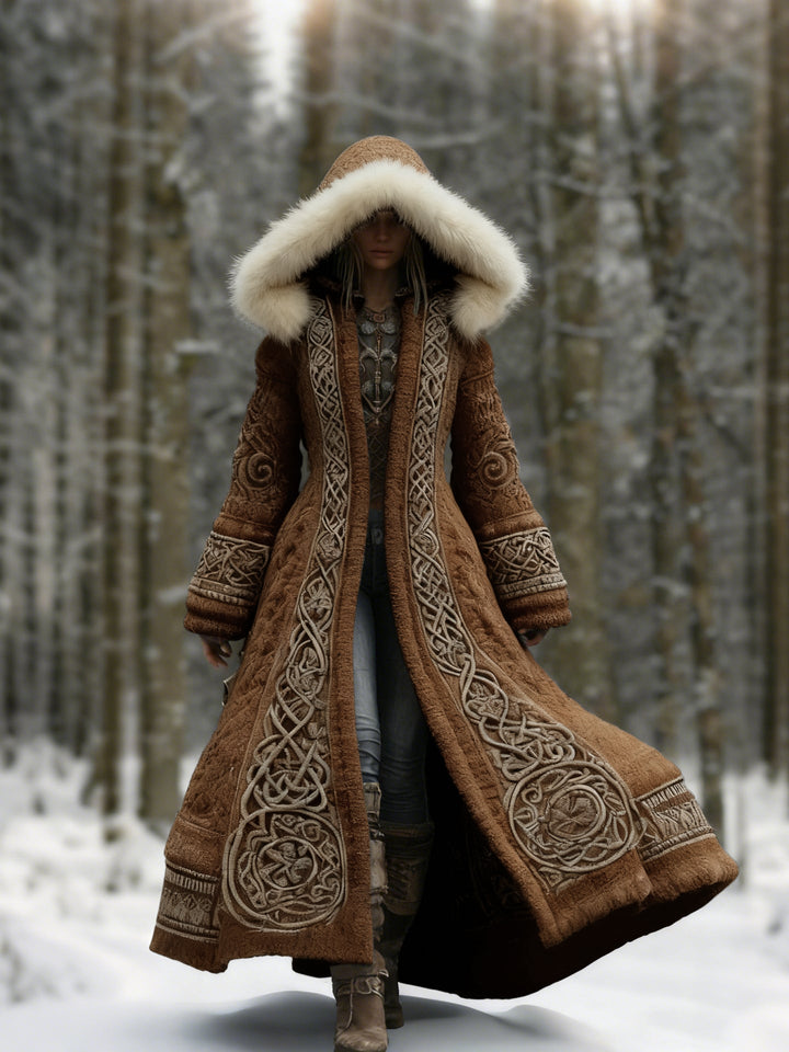Women's Embroidered Hooded Winter Coat, Flared Maxi Length with Long Sleeves 4