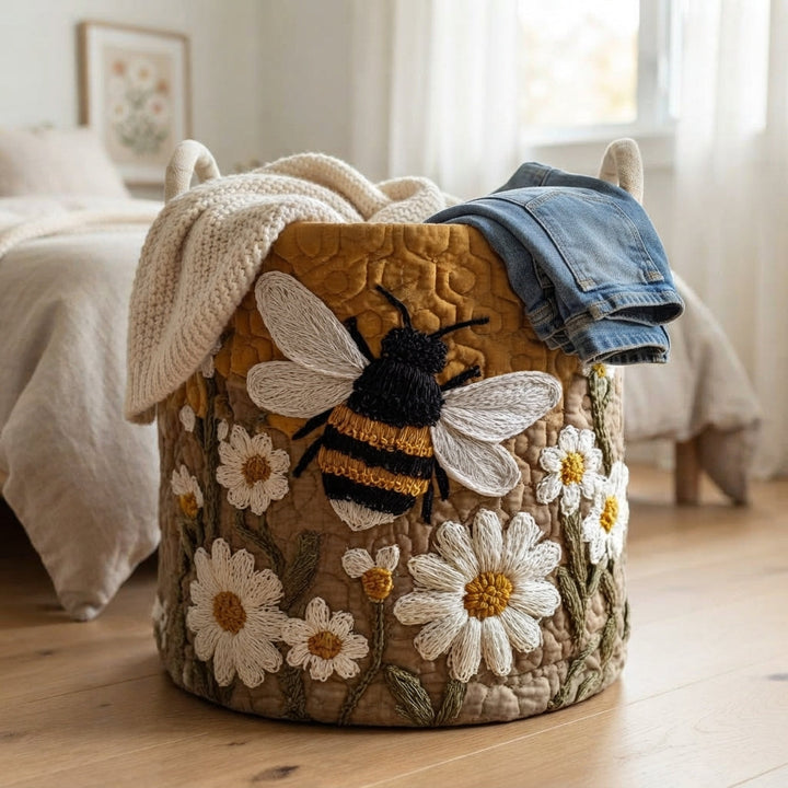 Quilted Daisy and Bee Laundry Basket with Canvas Handles, Self-Standing 6