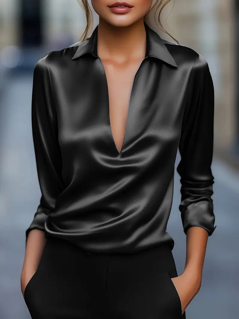 Women's Satin V-Neck Blouse with Draped Collar 4