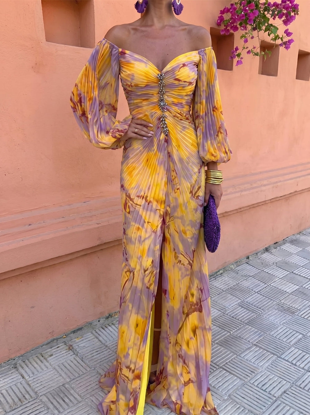 Women's Floral Maxi Dress with Off-Shoulder Neckline and Pleated Skirt 2