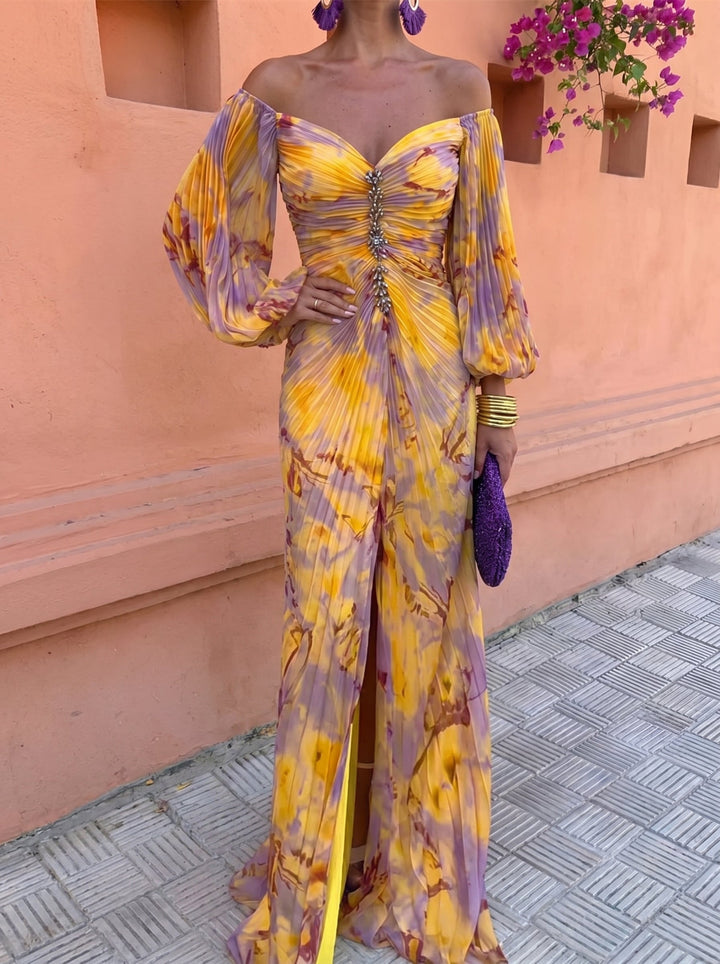 Women's Floral Maxi Dress with Off-Shoulder Neckline and Pleated Skirt 2