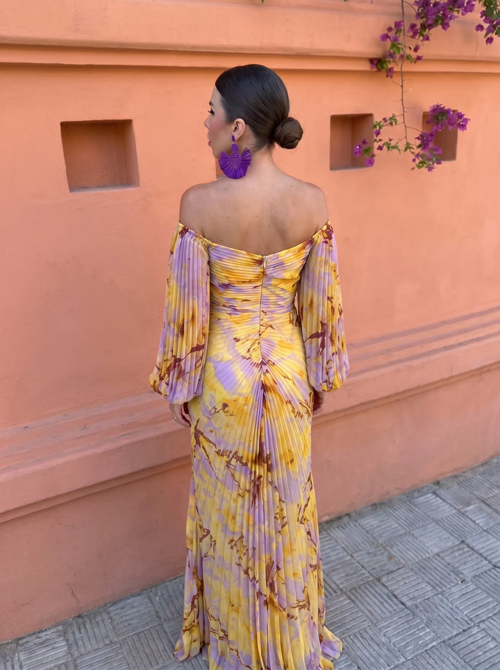 Women's Floral Maxi Dress with Off-Shoulder Neckline and Pleated Skirt 4