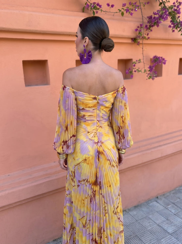 Women's Floral Maxi Dress with Off-Shoulder Neckline and Pleated Skirt 3