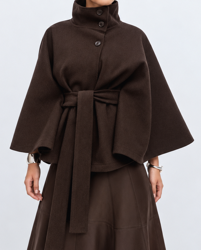 Women's Wool Blend Belted Cape Coat with High Collar and Button Front 9