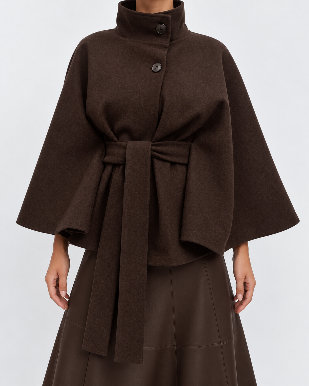 Women's Wool Blend Belted Cape Coat with High Collar and Button Front 10