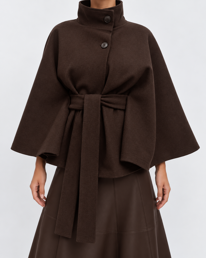 Women's Wool Blend Belted Cape Coat with High Collar and Button Front 10