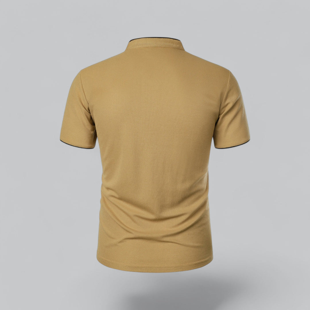 Men's Collarless Polo Shirt with Short Sleeves and Stand-Up Neckband 10