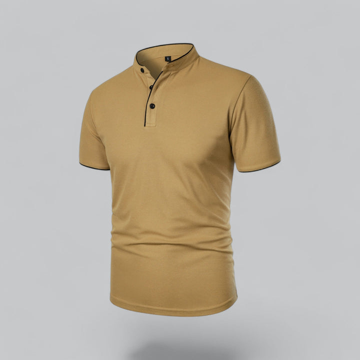 Men's Collarless Polo Shirt with Short Sleeves and Stand-Up Neckband 11