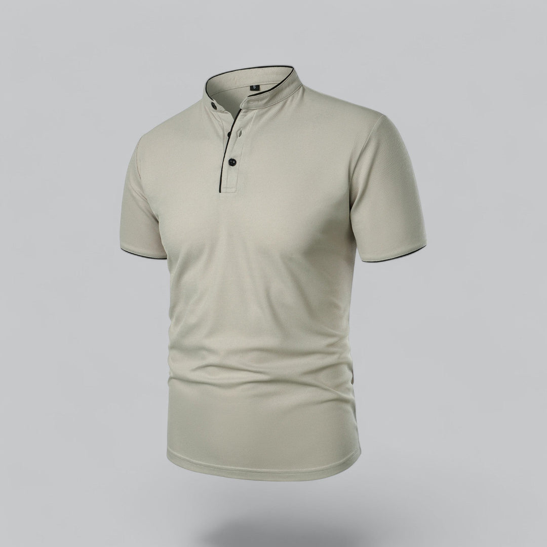 Men's Collarless Polo Shirt with Short Sleeves and Stand-Up Neckband 13