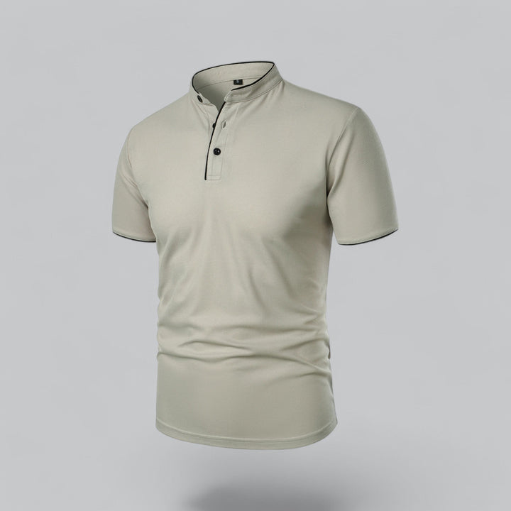 Men's Collarless Polo Shirt with Short Sleeves and Stand-Up Neckband 13