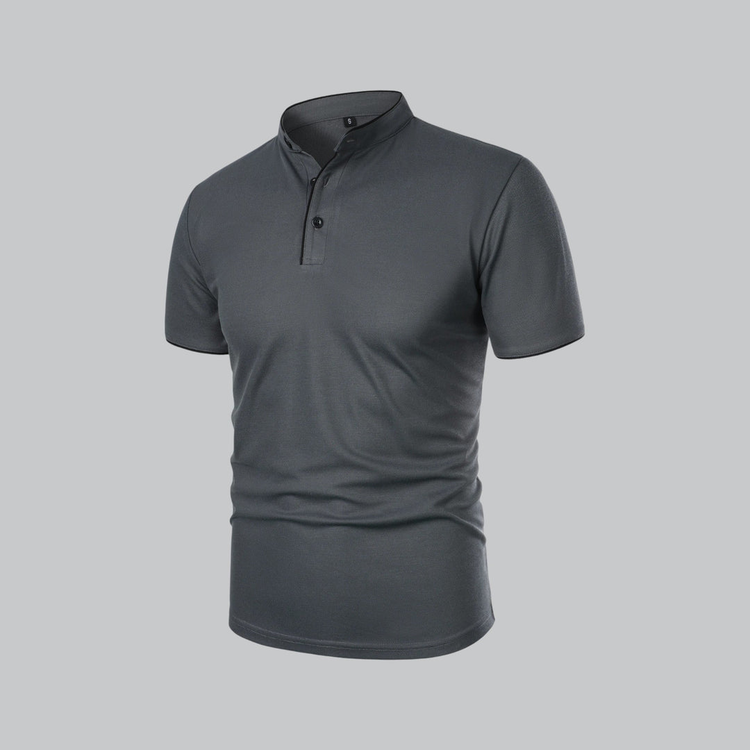 Men's Collarless Polo Shirt with Short Sleeves and Stand-Up Neckband 15