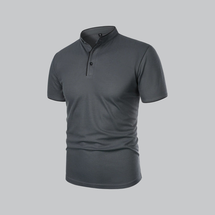 Men's Collarless Polo Shirt with Short Sleeves and Stand-Up Neckband 15