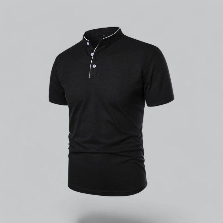 Men's Collarless Polo Shirt with Short Sleeves and Stand-Up Neckband 17