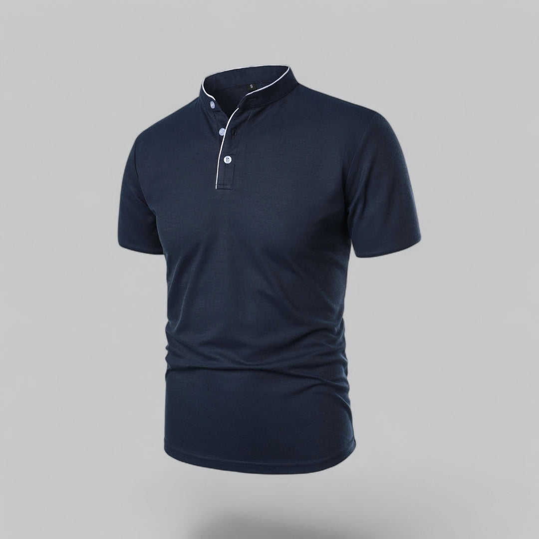 Men's Collarless Polo Shirt with Short Sleeves and Stand-Up Neckband 19