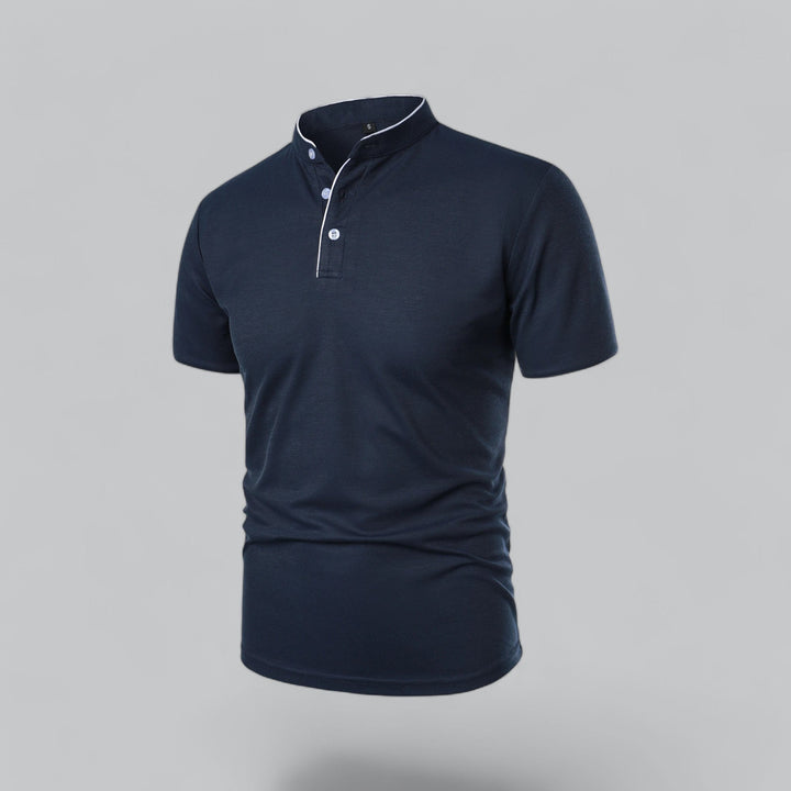 Men's Collarless Polo Shirt with Short Sleeves and Stand-Up Neckband 19