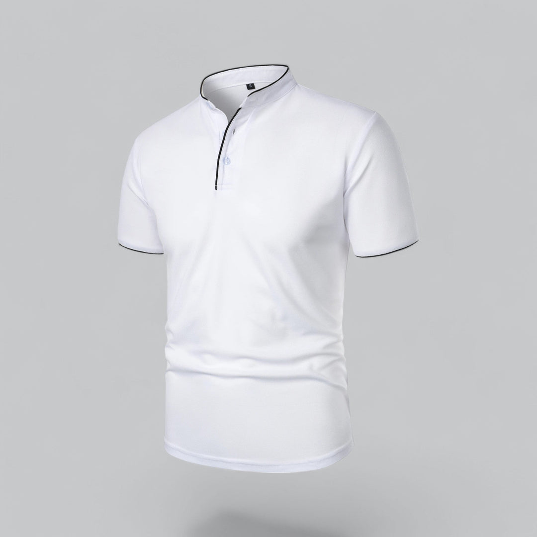 Men's Collarless Polo Shirt with Short Sleeves and Stand-Up Neckband 21