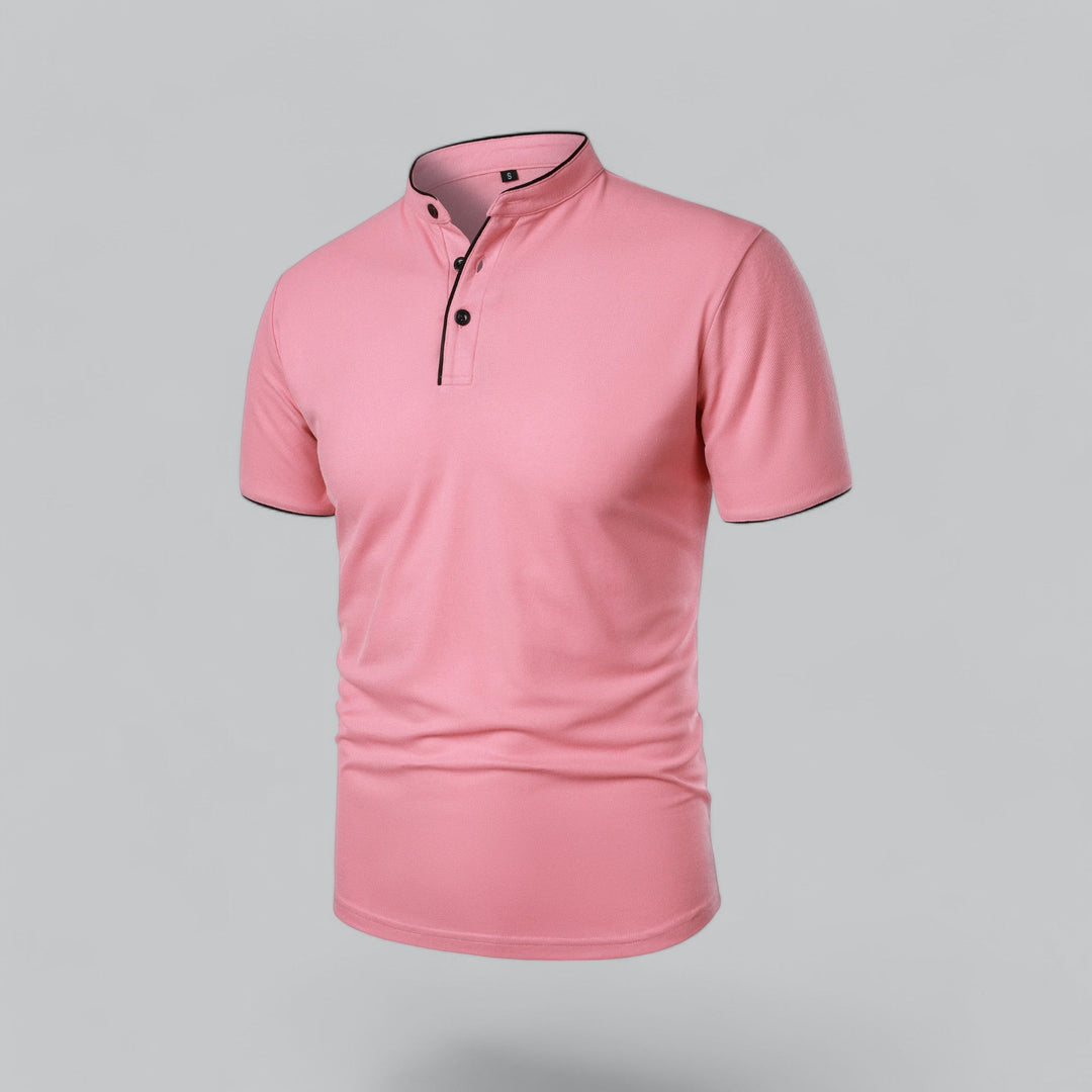 Men's Collarless Polo Shirt with Short Sleeves and Stand-Up Neckband 23
