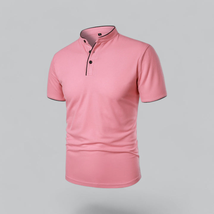 Men's Collarless Polo Shirt with Short Sleeves and Stand-Up Neckband 23