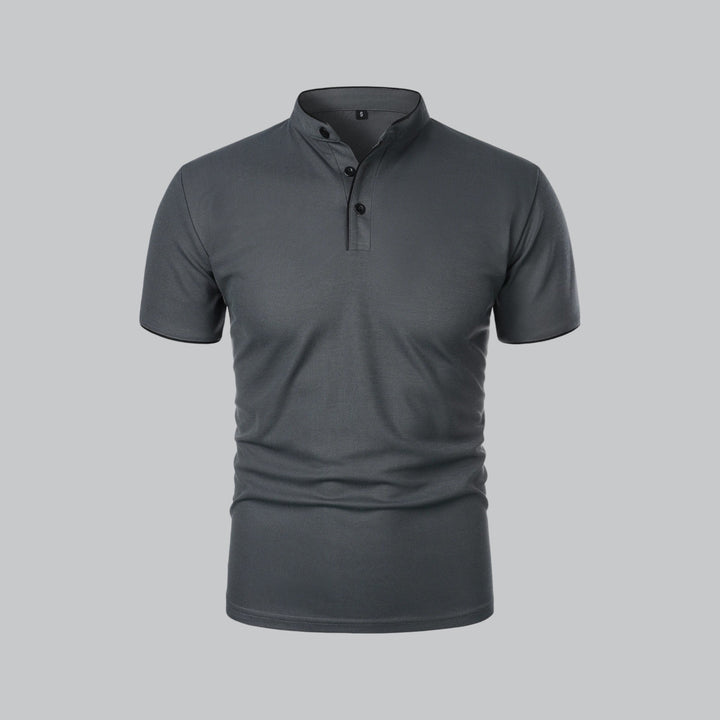 Men's Collarless Polo Shirt with Short Sleeves and Stand-Up Neckband 3