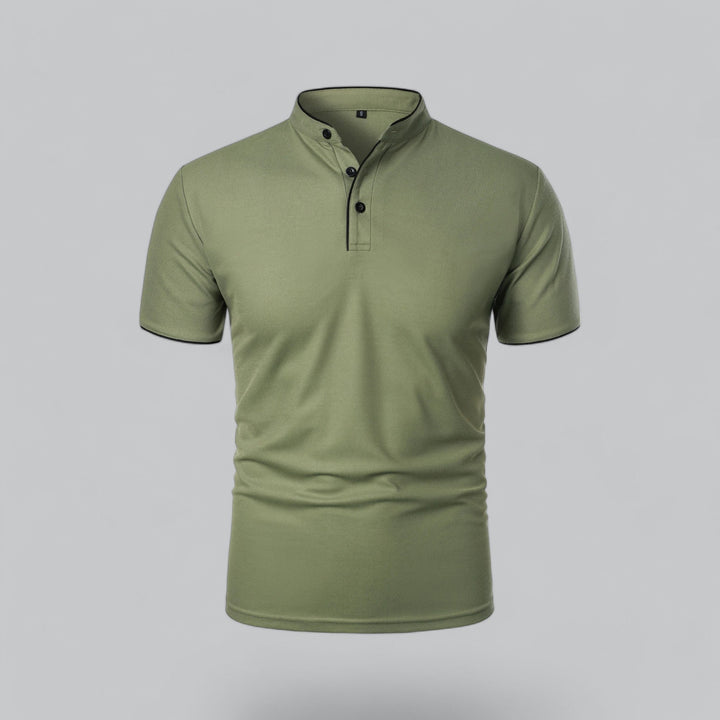 Men's Collarless Polo Shirt with Short Sleeves and Stand-Up Neckband 8