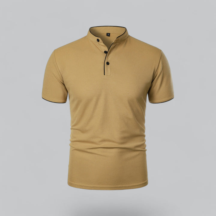 Men's Collarless Polo Shirt with Short Sleeves and Stand-Up Neckband 1