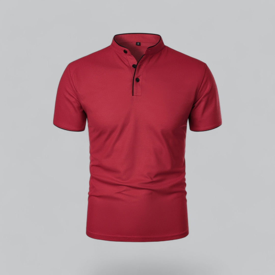 Men's Collarless Polo Shirt with Short Sleeves and Stand-Up Neckband 9