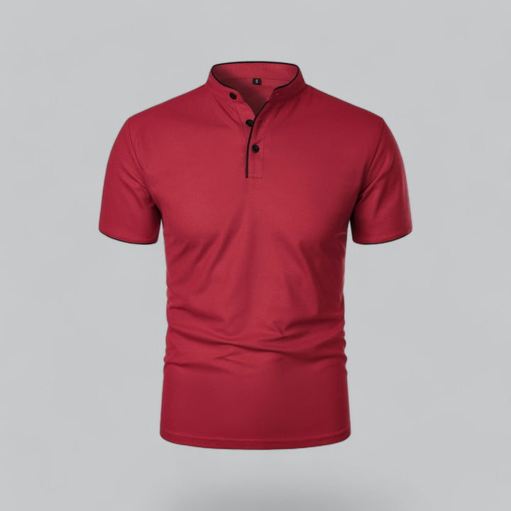 Men's Collarless Polo Shirt with Short Sleeves and Stand-Up Neckband 9