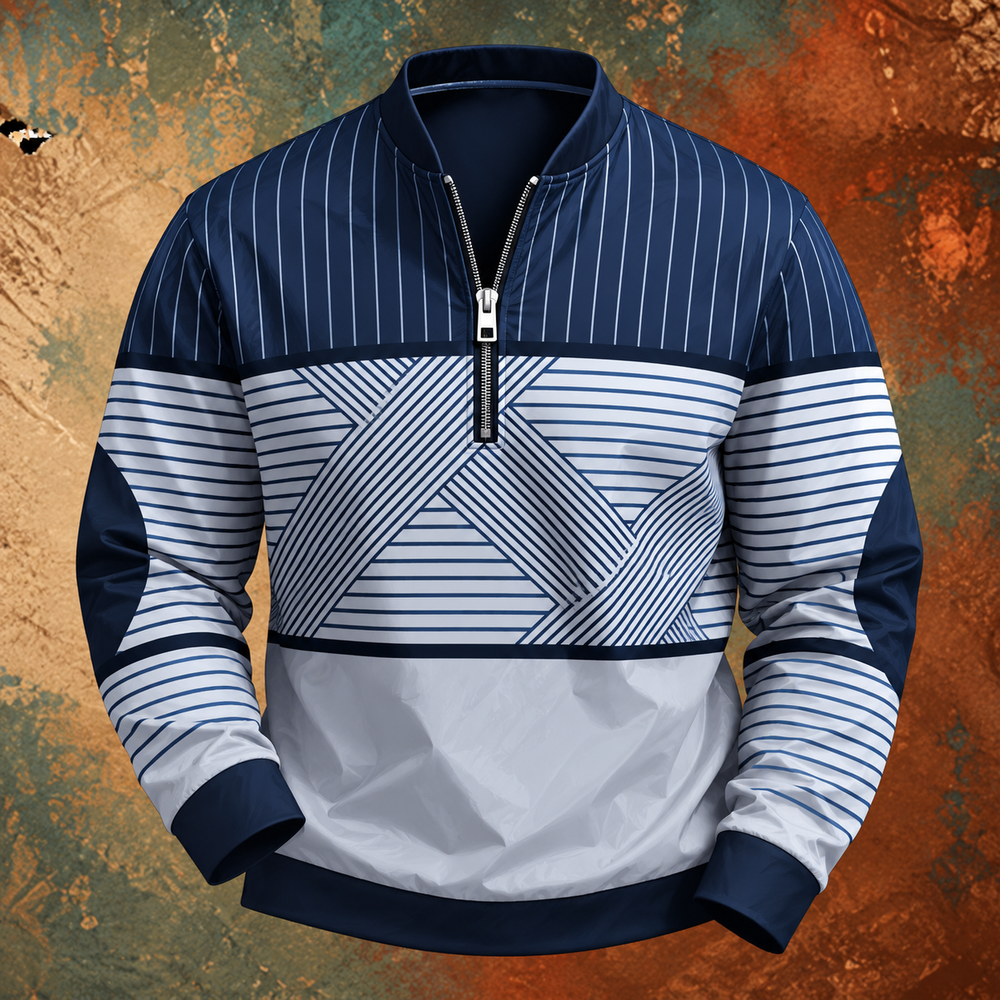 Men's Lightweight Striped Half-Zip Pullover with Long Sleeves 2