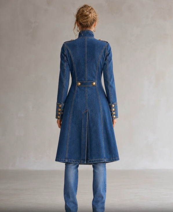 Women's Long Military Style Double-Breasted Coat with Officer Collar 5