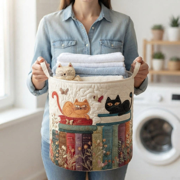 Quilted Cat Pattern Laundry Basket, Foldable Fabric Hamper with Handles 4