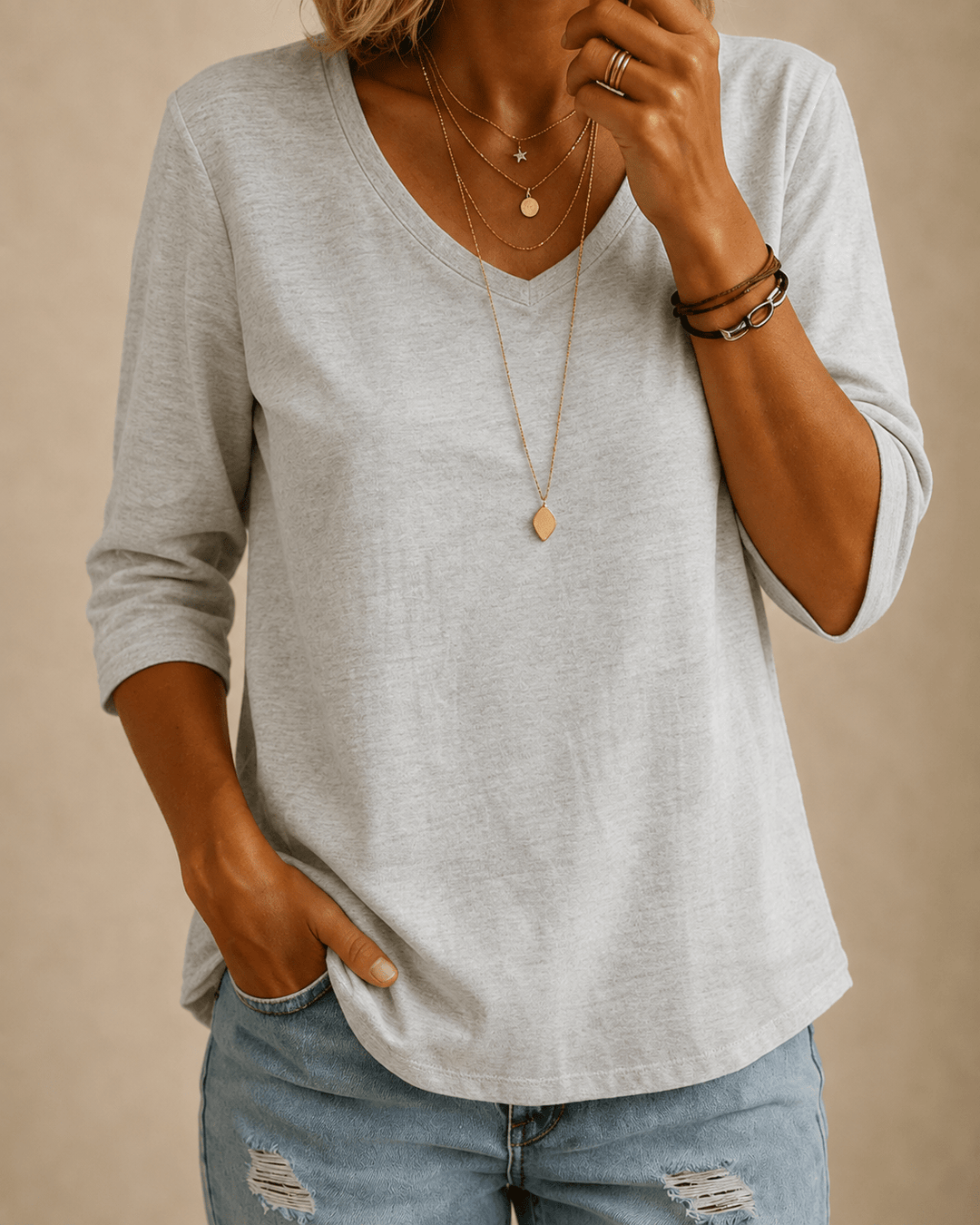 Classic V-Neck Half Sleeve Cotton Tee in Light Gray 1
