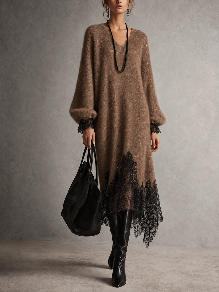 Shimmer Knit Sweater Dress with Lace Hem, V-Neck and Puff Sleeves 8