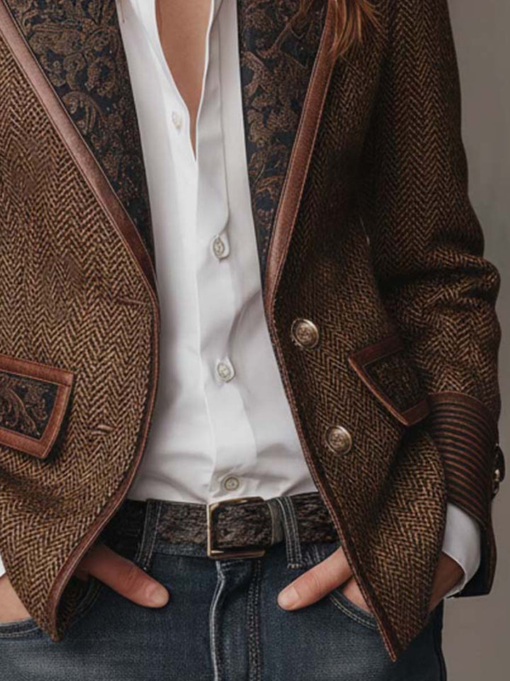 Herringbone Blazer with Patterned Collar and Contrast Lining 8