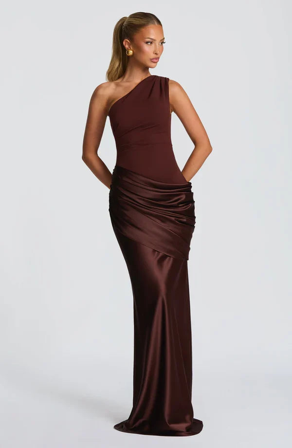 Sidonie One-Shoulder Draped Satin Maxi Dress 10